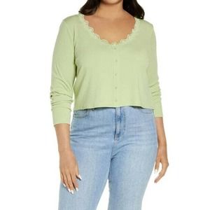 BP Lace Trim Button Front Top In Green Lime Cream Size 1X